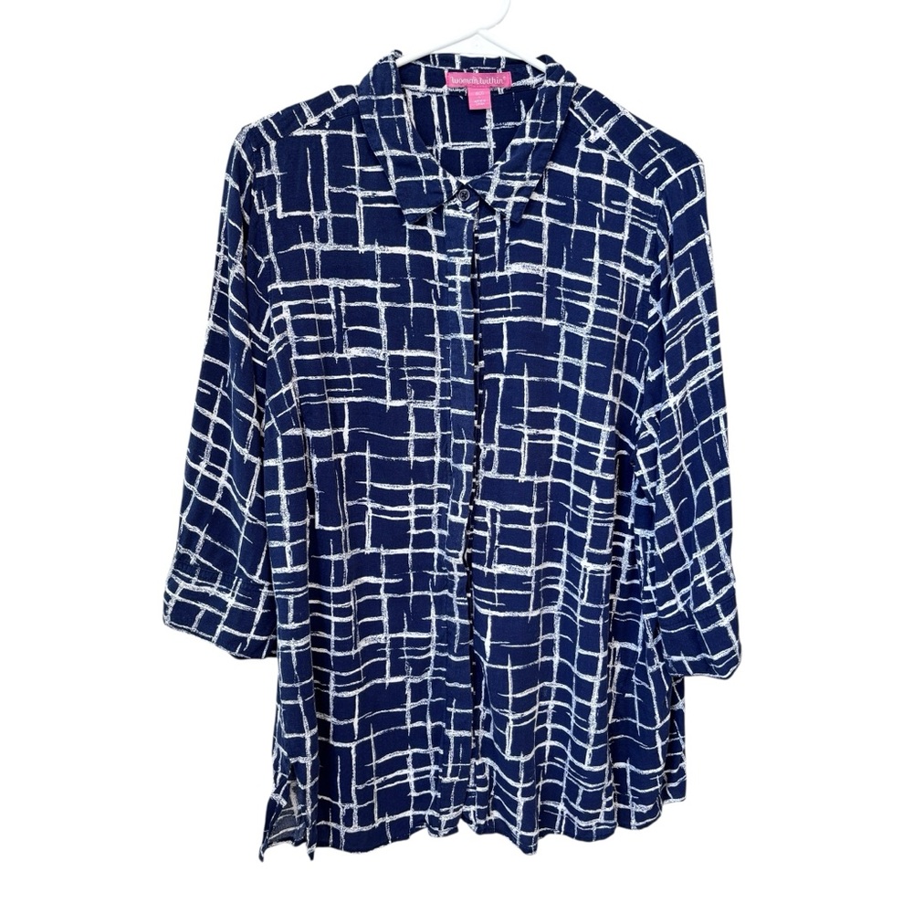 WOMAN WITHIN Tunic Top Women’s Size 18/20 L Blue & White Button Up 3/4 Sleeve